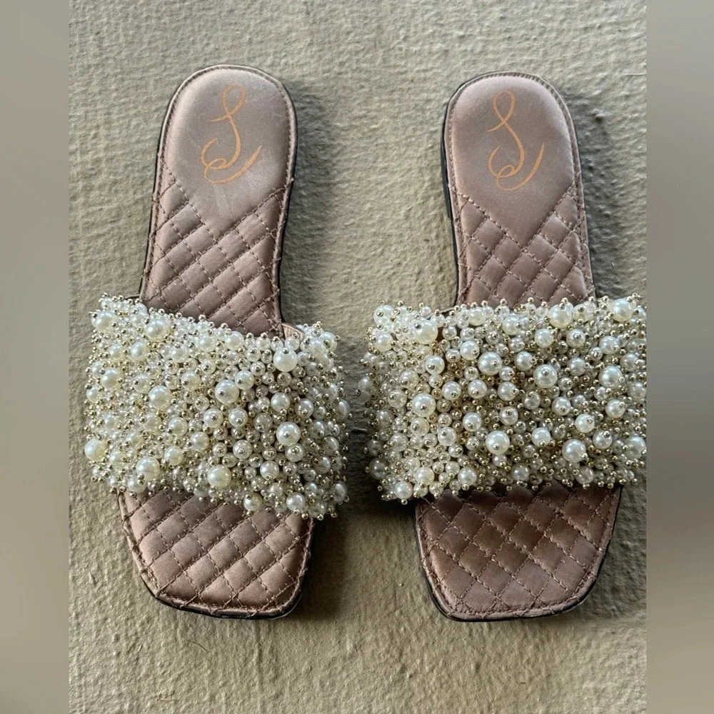 Sam Edelman Elijah Sandal Pearl Embellished Flat Pale Eggshell Slides Size 8 - Picture 4 of 11